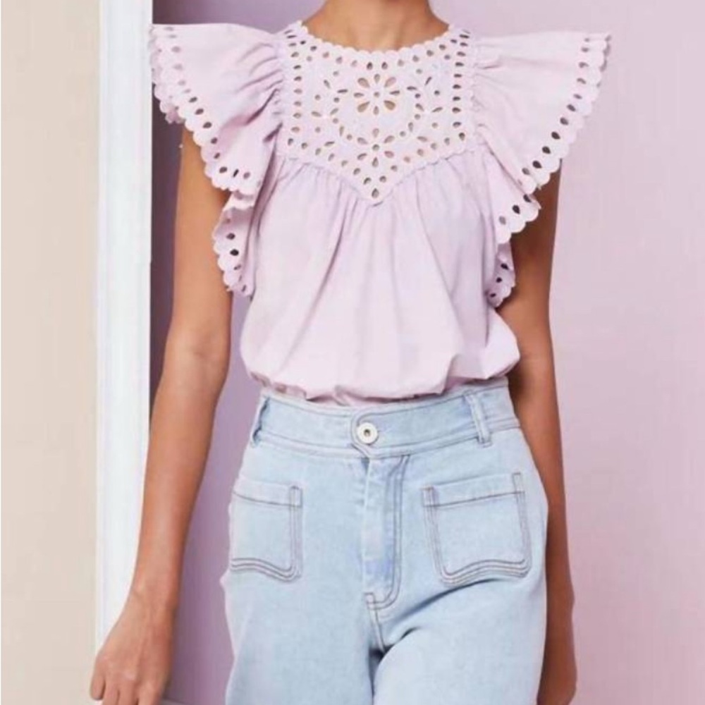 Chic Lilac Eyelet Ruffle Blouse